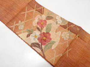 手織り真綿紬　霞に花模様織り出し　名古屋帯